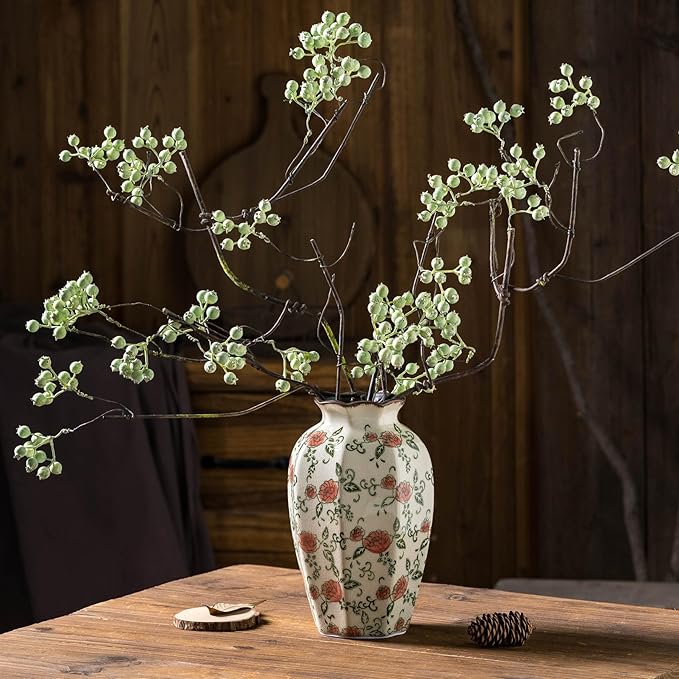 Green&Beige Vintage Octagonal Vase, Red Rose Chinoiserie Floral Vase, Farmhouse Antique Decorative Ceramic Flower Vases for Bouquet, Home Decor, Living Room, Bookshelf, Office, Tuscan Decor 9.1 Inch