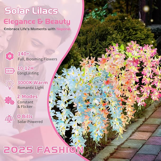 Neporal Solar Flowers Outdoor Waterproof IP65, 5 Lilac Flower Vines with 140+ Flowers, Warm Light & 2 Lightning Modes, 3PK Blue/Pink/Purple Solar Garden Lights Outdoor for Garden, Yard, Pathway Decor