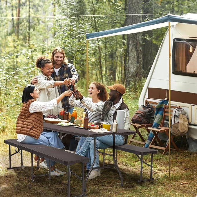 VINGLI 6 Foot Plastic Folding Table Portable Long Table for Indoor Outdoor Use Rectangular with Carrying Handle,Rattan Patterned HDPE Tabletop, Brown