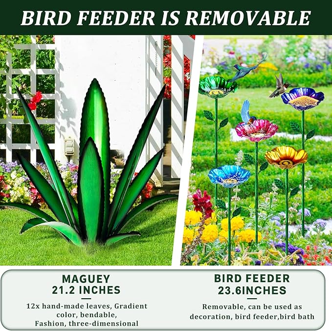 Upgraded Large Metal Yard Art, Metal Agave Plant Yard Decorations Outdoor Sculpture, Metal Flowers for Outside, Waterproof Outdoor Garden Decor (Yellow + Bird Feeder)