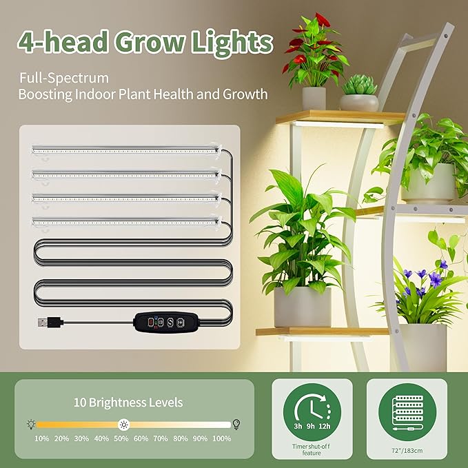 62" Tall Plant Stand with Grow Light Indoor, 7 Tiered White Plant Shelf for Indoor Plants, Curved Corner Flower Stand Display Rack Holder for Living Room, Patio, Balcony Decor