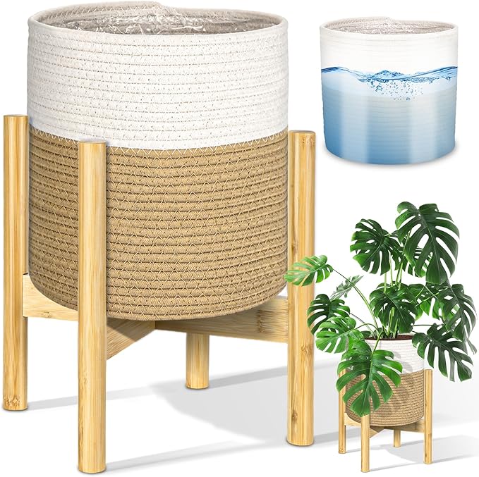 PAULINN Plant Basket with Stand 11" x 11", Woven Basket with Bamboo Plant Stand, for Indoor Plant, Fits Up to 10 Inch Plant Pots, White and Beige