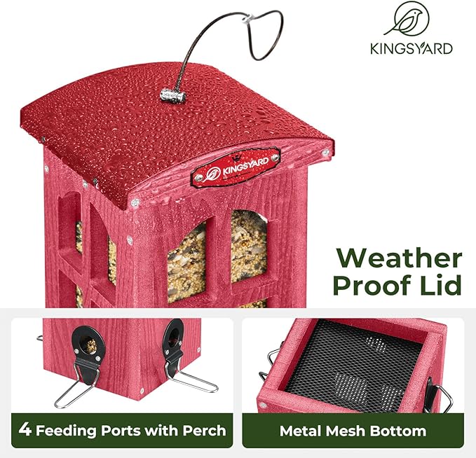 Kingsyard Upgraded Rainproof Bird Feeder for Outdoor Hanging - Metal Feeding Port, Recycled Plastic Wild Bird Feeder with Metal Mesh Tray for Goldfinch Small Bird, Garden Yard Decoration, Red