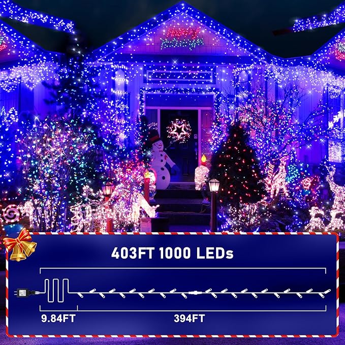KNONEW 403ft 1000 LED String Lights Outdoor Christmas Light 8 Modes & Timer Fairy Lighting Plug in Waterproof for Xmas Yard Tree Wedding Party Holiday Decorations (Blue)