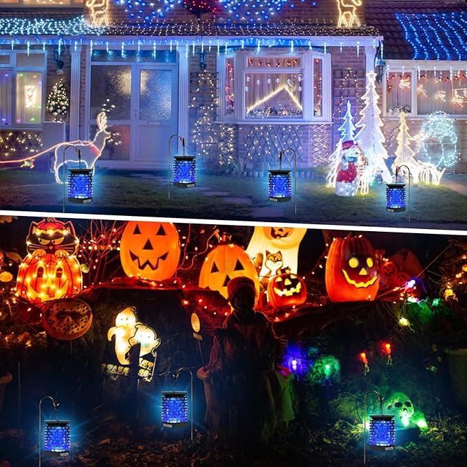 EOYIZW 99 LED Solar Lantern Flickering Flame Lights - 2 Pack Waterproof Garden Lights for Patio Yard Porch Lawn Decorations - Blue Solar Lanterns