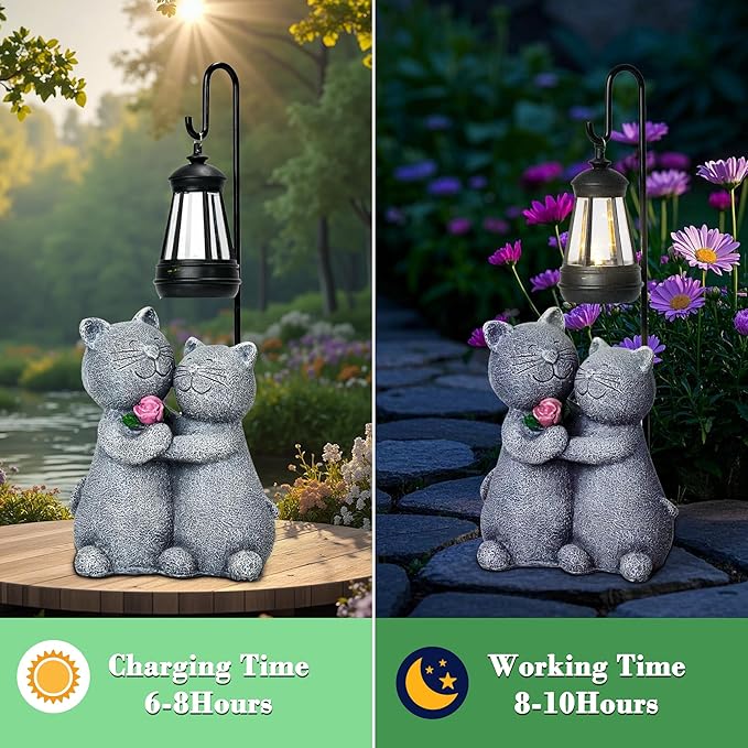 Cat Garden Statues with Solar Lantern Romantic Resin Kitty Couple Holding Rose Funny Cat Decor Gifts for Women Cats Figurines for Yard Lawn Porch Patio Decor