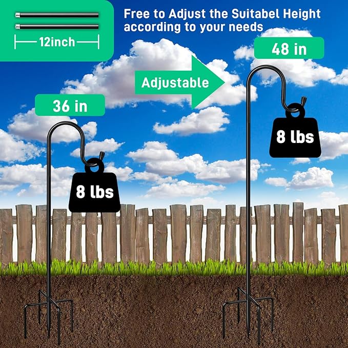Adjustable Shepards Hooks for Outdoor with 5 Prong Base Shepherds Hooks for Outdoor Stand Pole for Humming Bird Feeder for Hanging Solar Lights Outdoor Garden Wedding Decor (48in)