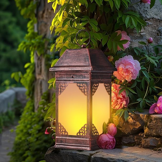 14" Solar Lanterns Outdoor Waterproof, Glass Flickering Flame Solar Lantern, Hanging Metal Lantern Decorative for Patio Front Porch Garden Backyard Tabletop Party Decoration