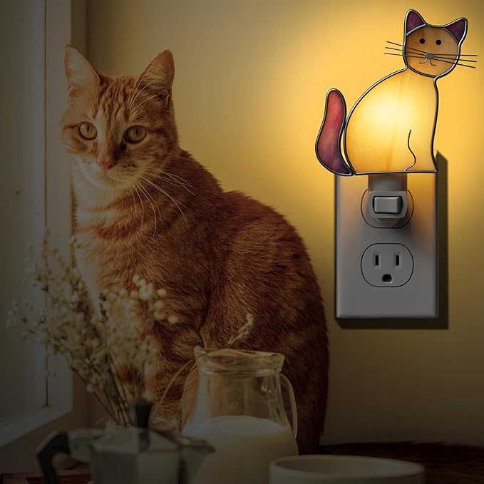 KY&BOSAM Cat Night Light Stained Glass Yellow Plug in Nightlight Decorative Wall Night Lights 7 Watt Bulb Accent Lite Night Memorial Gifts Pet Lost Sympathy Thoughtful Dogs and Cats Remembrance Decor