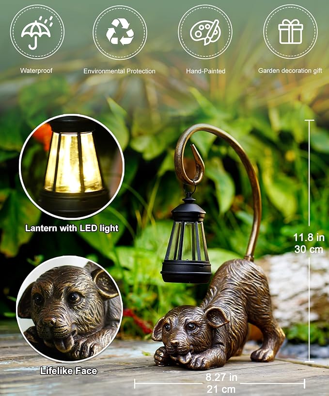 Solar Dog Garden Statue for Outdoor: Outside Sculptures Decor for Art Patio Balcony Yard Lawn – Unique Birthday Gift for Women Mom Grandma