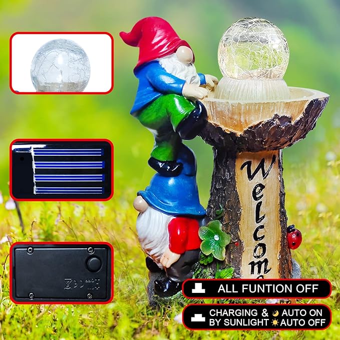 Garden Gnome Statues, Garden Statues for Outside with Solar LED Lights, 10.4 in Funny Double Gnomes Sculptures Outdoor Decorations for Yard, Ideal Gnomes Gifts for Women/Mom/Grandm