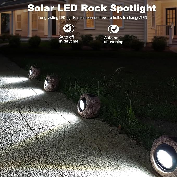 Solar Rock Lights, 4 Pack Solar Powered Waterproof LED Spotlights Decorative for Outdoor Garden, Pathway, Walkway, Yard, Landscape, Patio (Cool White)