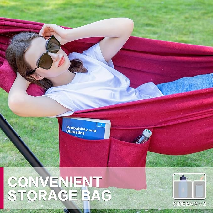 PNAEUT Double Hammocks with Stand for Outside, Portable Space Saving Heavy-Duty Steel Stand for Indoor Outdoor Patio with Carrying Bag, 450 lbs Capacity (Cherry)