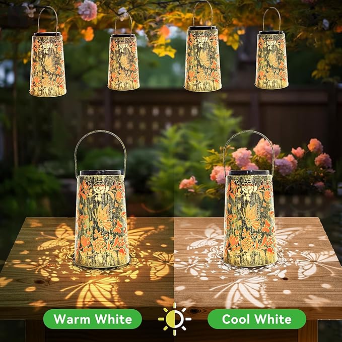 Waterproof Metal Hanging Solar Lantern, Decorative Outdoor Butterfly Light for Garden or Yard Use, Cool/Warm Lighting, 2 Pack