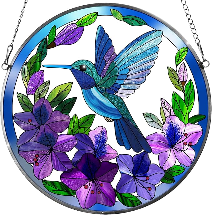 Stained Glass Sun Cather for Window Hanging, 6.3'' Hummingbird Window Ornament for Indoor Outdoor, Hand Painted Stain Glass Gift for Women, Bird Nature Lovers