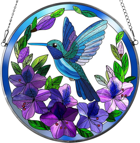 Stained Glass Sun Cather for Window Hanging, 6.3'' Hummingbird Window Ornament for Indoor Outdoor, Hand Painted Stain Glass Gift for Women, Bird Nature Lovers