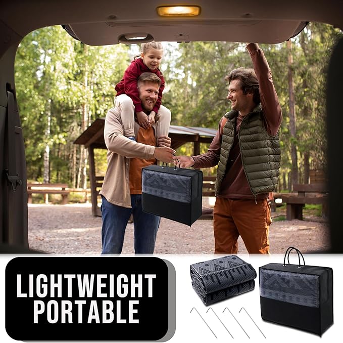 OLANLY Outdoor Rug Waterproof 8x10 ft, Reversible Outdoor Plastic Straw Rug, Boho Patio Rug, Indoor Outdoor Carpet, RV Mat Outside for Patio, Camp, Picnic, Balcony, Deck, Backyard, Black & Grey