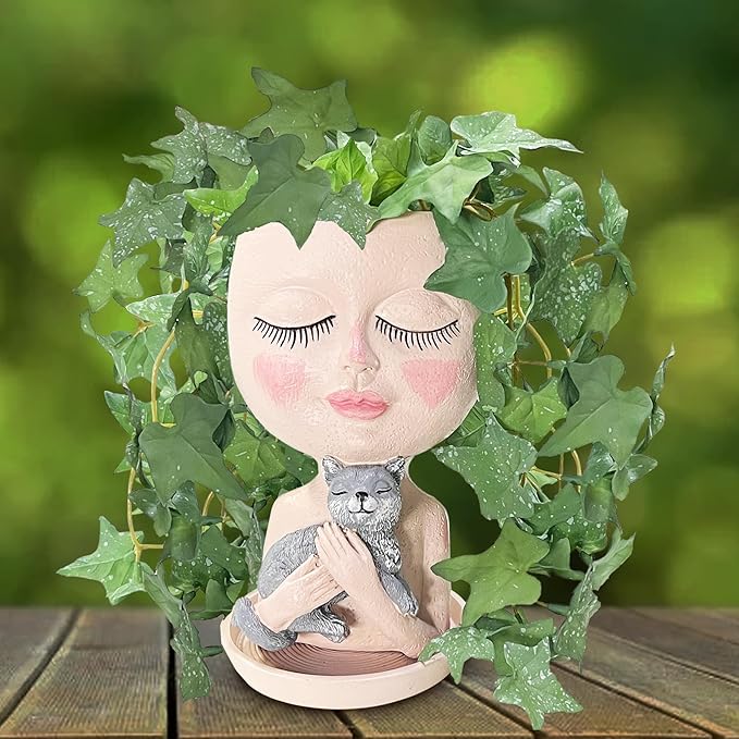 Face Plant Pots Head Planters - Face Flower Pot Head Planter with Cat, Succulent Pots with Drainage Hole, Resin Lady Planter for Indoor Outdoor, Home Decor, Mother's Day/Women Gifts