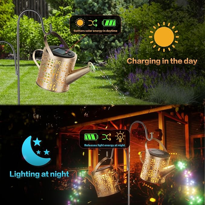 Solar Watering Can with Colorful Lighting, Waterproof Garden Decor, Birthday Gifts for Mom Grandma (Flower, 32 inch Shepherd Hook)