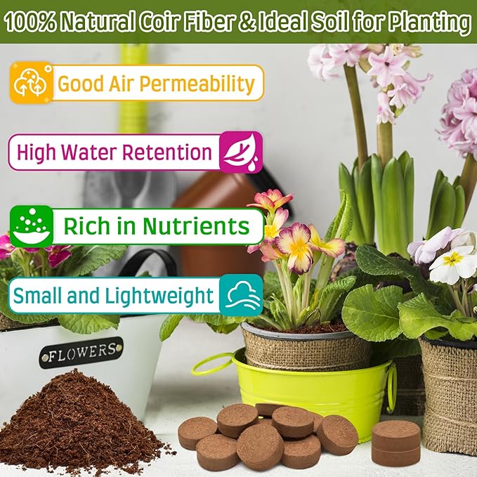 Halatool 30mm 50pcs Organic Coconut Coir Pellets Soil for Planting, Compressed Coco Coir Soil Potting Soil Seed Starters for Growing Vegetables, Fruits, Flowers