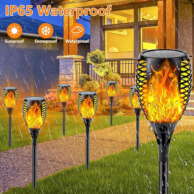 Upgraded 8 Pack Super Larger Size Solar Flame Torch Extra Bright Tiki Lights Outdoor Decorative with Flickering Flame, Solar Outdoor Lights Waterproof for Garden Pathway Yard Party, Auto On and Off