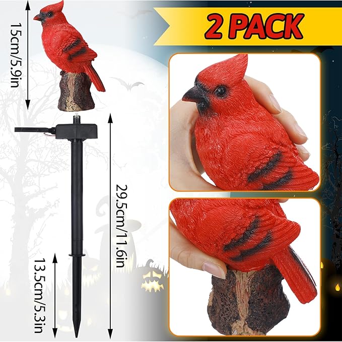 2 Pack Cardinal Solar Lights Cardinal Outdoor Decor Red Bird Solar Light Bird Figurine Garden Stake for Pathway Garden Lawn Yard Cemetery Decoration