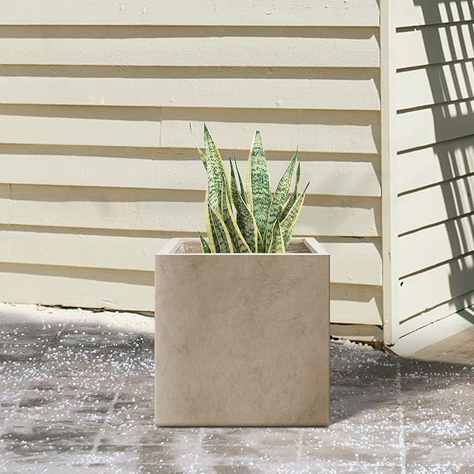 Kante 16 Inch Square Concrete Planter for Outdoor Indoor Home Patio Garden, Large Plant Pot with Drainage Hole and Rubber Plug, Weathered Concrete