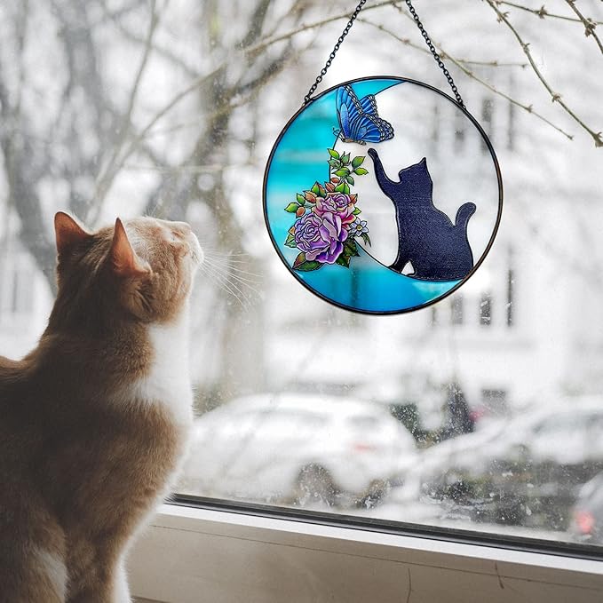 Cat Stained Glass Butterfly on Moon Gifts, Handcrafted Suncatchers Black Cat for Stained Glass Window Hangings, Cat Gifts for Cat Lovers, Painted Glass Panel Decor Funny Cat Themed Gift