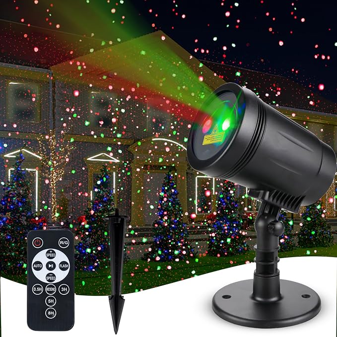 Outdoor Garden Laser Light Projector, Christmas Laser Lights with Red and Green Star Show, Waterproof Holiday Laser Light Landscape Spotlight, Suitable for Outdoor Garden, Home, Decoration, Party