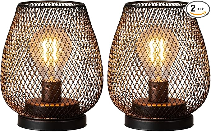 DECORKEY Set of 2 Battery Operated Lamp LED Table Lantern, Brown Metal Cage Cordless Lamps with LED Bulb，Vintage Decorative Outdoor Lantern for Weddings, Parties, Patio, Events for Indoors Shelf Decor