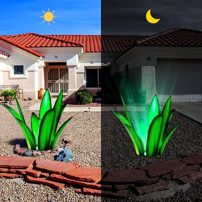 Upgraded Large Metal Yard Art, Metal Agave Plant Yard Decorations Outdoor Sculpture, Metal Flowers for Outside, Waterproof Outdoor Garden Decor (Green (W/Solar Light))