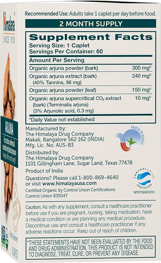Himalaya Organic Arjuna Herbal Supplement, Cardiovascular 700 mg, 60 Plant-Based 60 Day