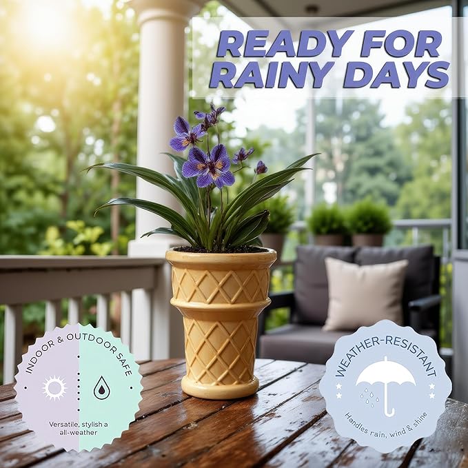 Fun & Unique Ice Cream Cone Flower Planter Charming 7" Tall Ceramic Vase for Indoor & Outdoor Home Decor – Quirky Retro Garden Art for Plant Lovers