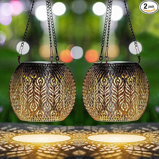 LeiDrail Solar Lantern Outdoor Waterproof Hanging Solar Lights, Metal Patio Decor for Outside Gifts for Women Men Feather Pattern Decorative LED Lanterns for Yard Lawn Pathway Garden Decor 2 Pack
