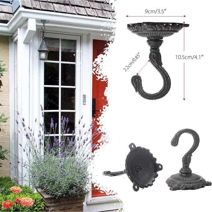 Sungmor Heavy Duty Ceiling Hooks for Hanging Plants, 2PC Black 3.5x3.9Inch Large Cast Iron Ceiling Hooks, Antique Decorative Ceiling Swag Hooks for Hanging Planter Chandelier Wind Chime Lantern Hanger