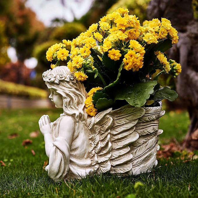 Praying Angel Bust Garden Statue Planters, Angel Wing Planters Pots Mini Vase for Patio, Lawn, Yard Art, Cemetery Grave Decoration, Resin Classical Antique, 8.26" H