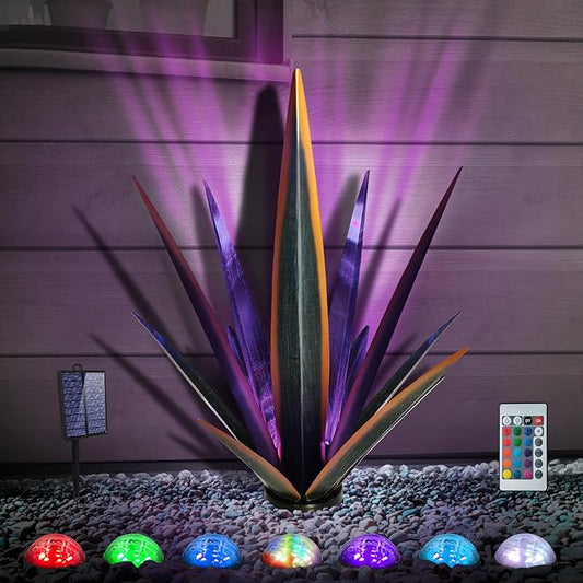 Large Tequila Rustic Sculpture, Rustic Metal Agave Plants for Outdoor Patio Yard, Home Decor Hand Painted Metal Agave Garden Yard Statue, Outdoor Lawn Ornaments (Black - L (W/Solar Light))