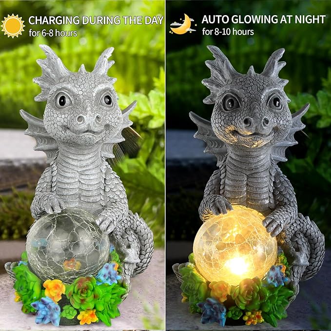 Solar Garden Outdoor Statues Dragon Holding Magic Orb with Solar LED Lights - Lawn Decor Outdoor Statue for Patio, Balcony, Yard Ornament,Unique Gifts for Mom Grandma