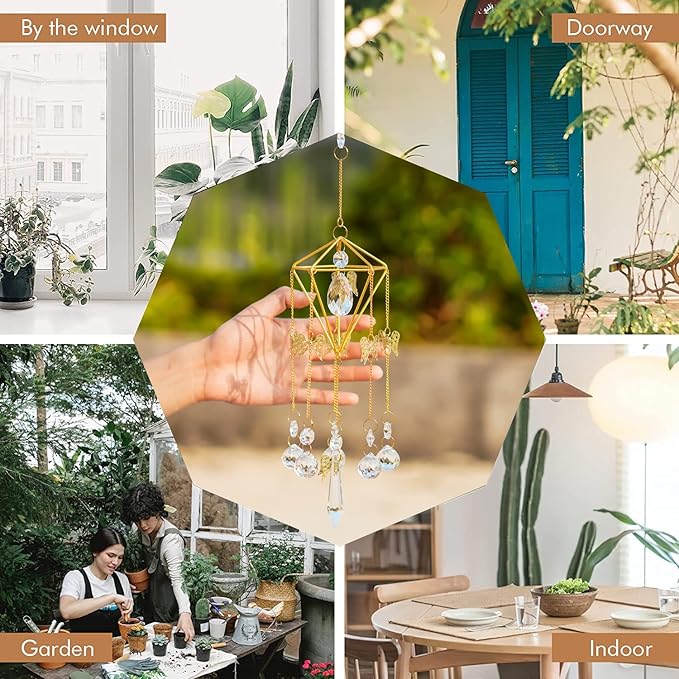 Sun Catchers with Crystals Indoor Window, Handmade Gold Plated Angel Suncatcher, Wind Chime Rainbow Maker Pendant