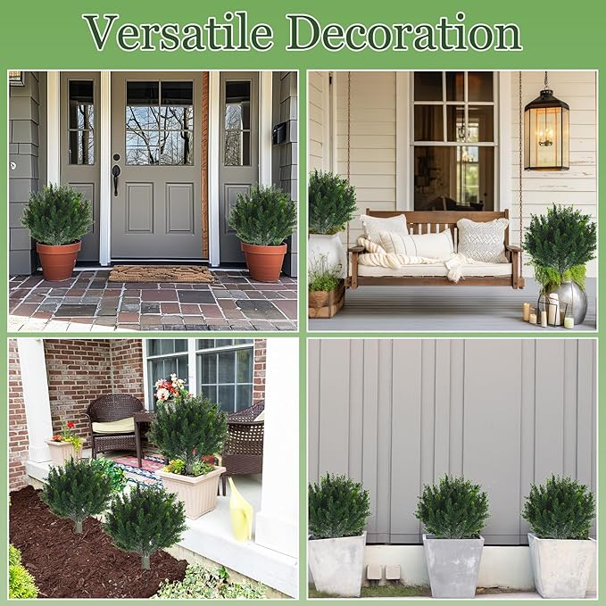 Yunlly 4 Pcs Artificial Cedar Topiary Ball Fake Tree 18" Bush Front Porch Decor Artificial Shrubs for Outdoors Faux Cypress with Ground Spike, Evergreen Plants for Indoor Garden Patio, UV Resistance