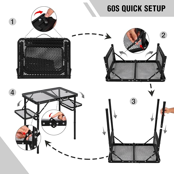 RedSwing Folding Grill Table with Extra Space, Adjustable Height Portable Small Stand Table for Outdoor Indoor Camping Picnic BBQ, Black with Side Table