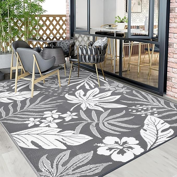 Pauwer Waterproof Outdoor Rug 6x9, Reversible Plastic Straw Patio Camping Rug, Indoor Outdoor RV Mat Carpet for Deck, Camper, Porch, Balcony, Backyard, Picnic, Floral Grey
