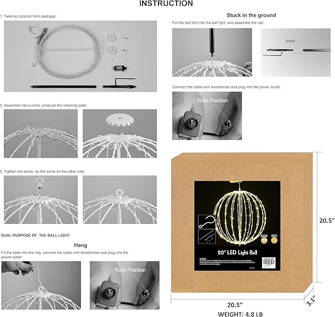 LIGHTSHARE 20IN 200LED Light Ball Yard Decoration Pathway Lights Sphere Light Fold Flat Metal Frame Indoor Outdoor Waterproof Garden Lights, Plug in