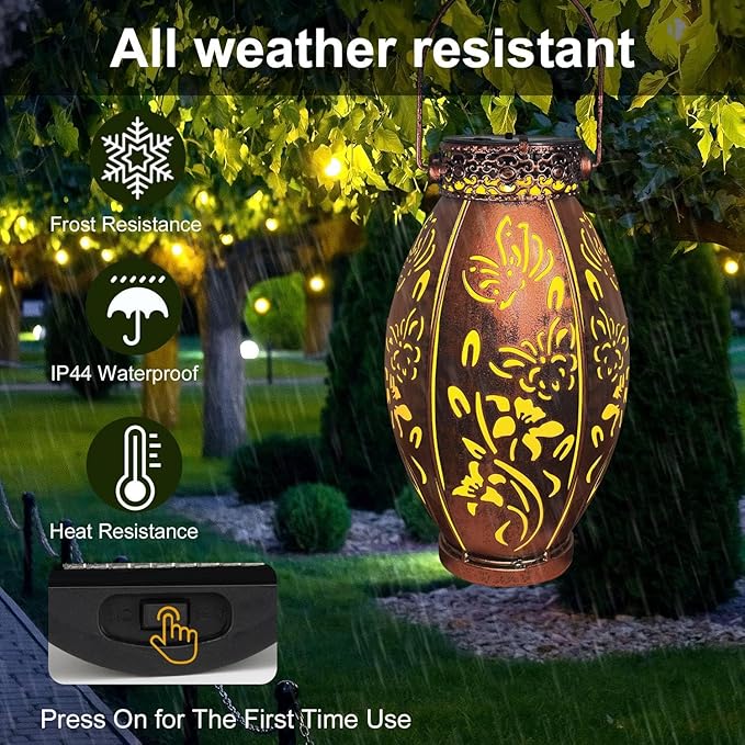 pearlstar 2 Pack Butterfly Solar Lantern Hanging Light Outdoor Waterproof Decorative Metal Solar Lamp for Table Garden Yard Patio Balcony Pathway,Copper,Birthday Gifts for Women Mom Men,Butterfly