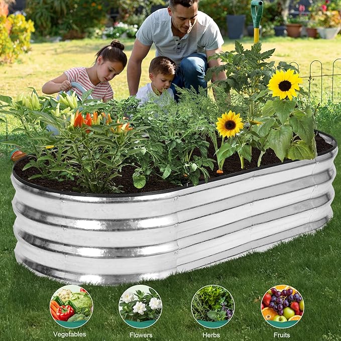 Galvanized Raised Garden Bed - 4×2×1ft (2 Packs) Planter Raised Beds for Gardening | Oval Metal Garden Planter Box with Safety Edging and Gloves for Vegetables Fruits and Flower - Silver