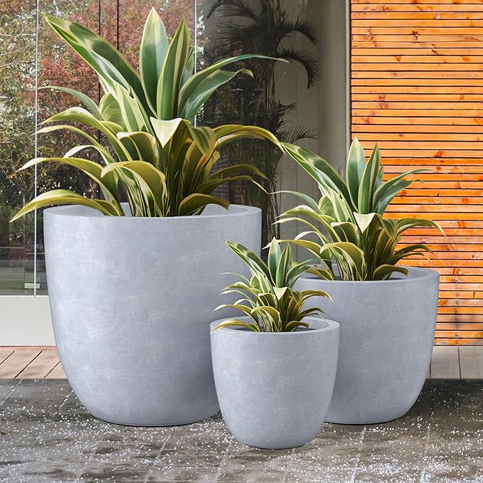 Kante 18",14",10" Dia Concrete Round Planters (Set of 3), Outdoor Indoor Large Planter Pots with Drainage Hole and Rubber Plug for Home Patio Garden, Slate Gray