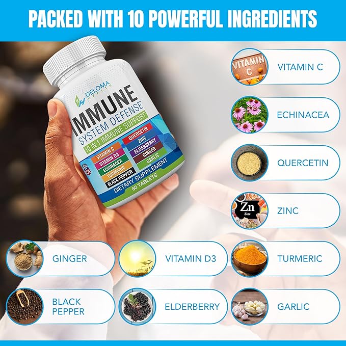10 in 1 Immune System Support Supplement (1000 mg), D3 (5000iu), (5000iu), Zinc (40 mg),