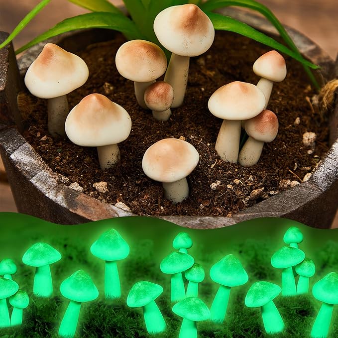 Taiyin 20 Pcs Luminous Mushroom Miniature Garden Mushrooms Outdoor Decor Waterproof Glow in The Dark Yard Decor for Fairy Outdoor Garden Micro Landscape Christmas Tree Decor