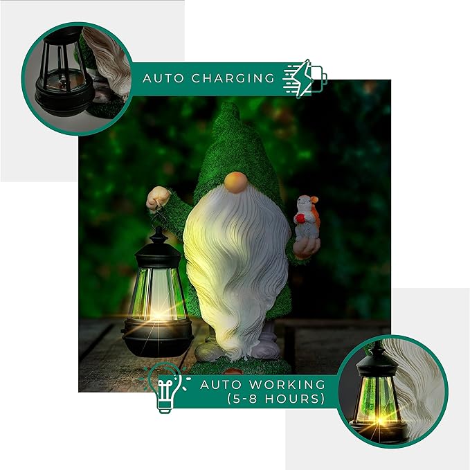 Garden Gnome with Squirrel 11.8, Gnomes with Solar Lantern, Garden Statues Outdoor Clearance, Garden Gnomes Outdoor Funny for Patio Decor, Fall Gnomes