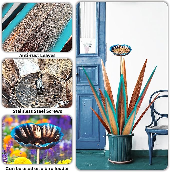 Large Tequila Rustic Sculpture, Rustic Metal Agave Plants for Outdoor, Home Decor Garden Yard Statue (Blue - L (W/Bird Feeder))